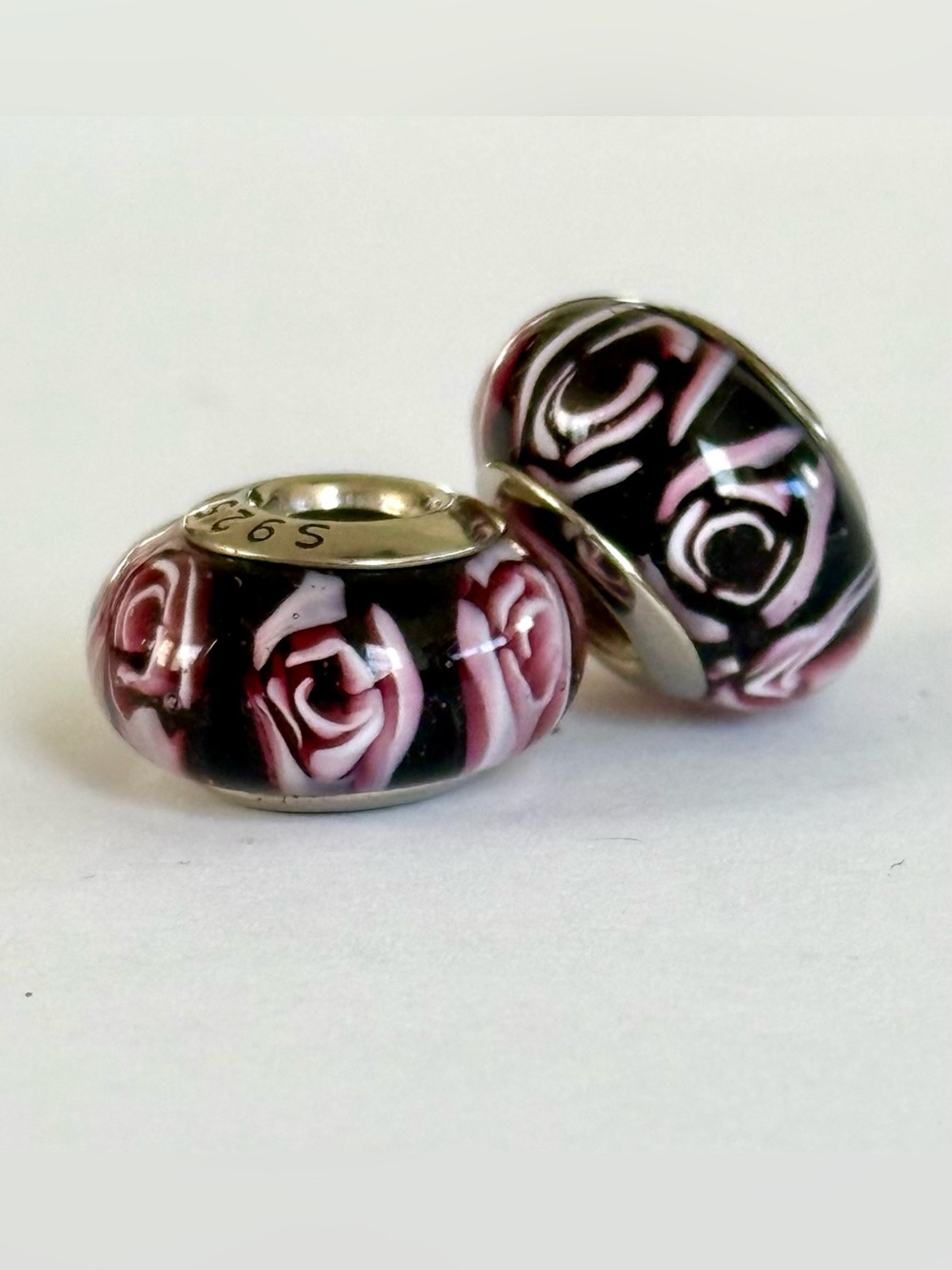 Black Murano charms set with Pink Rose design fit Pandora bracelets